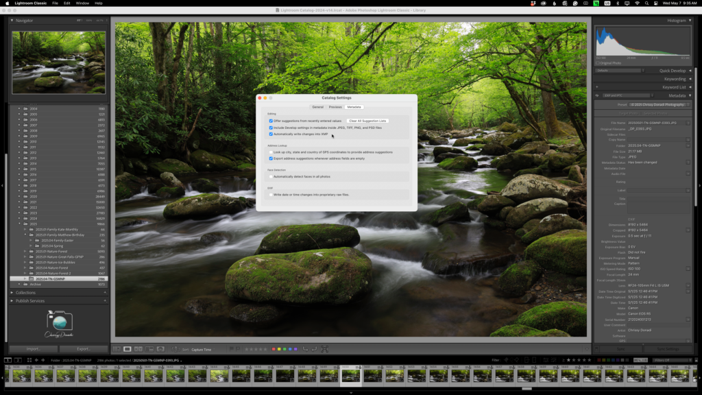 Lightroom Classic Catalog Settings with Automatically Write Changes into XMP option visible